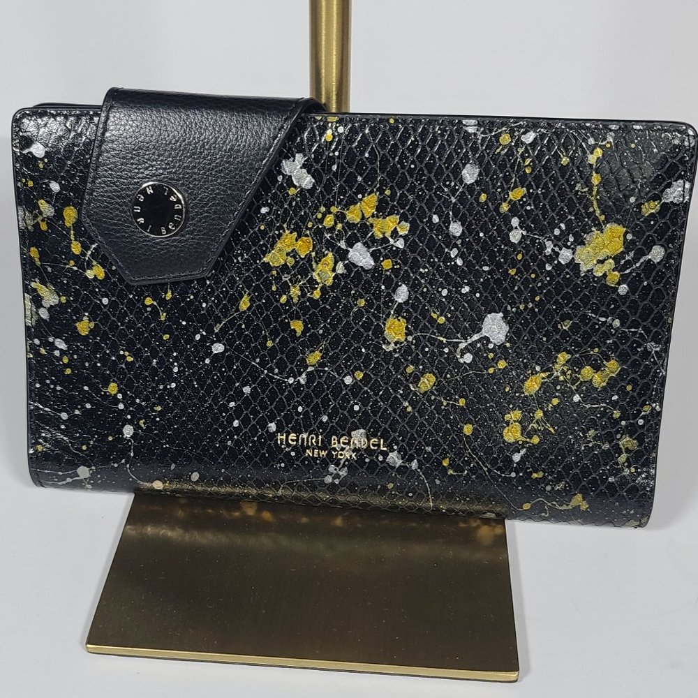 henri bendel Black Wallet with Gold and White Splatter